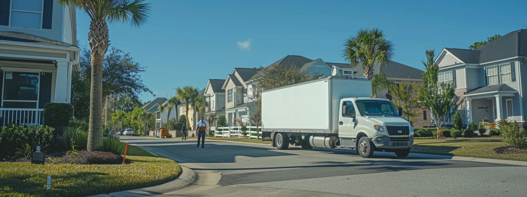 a busy moving truck parked in front of a house, with professional movers carrying boxes into the vehicle under the clear blue sky of jacksonville.