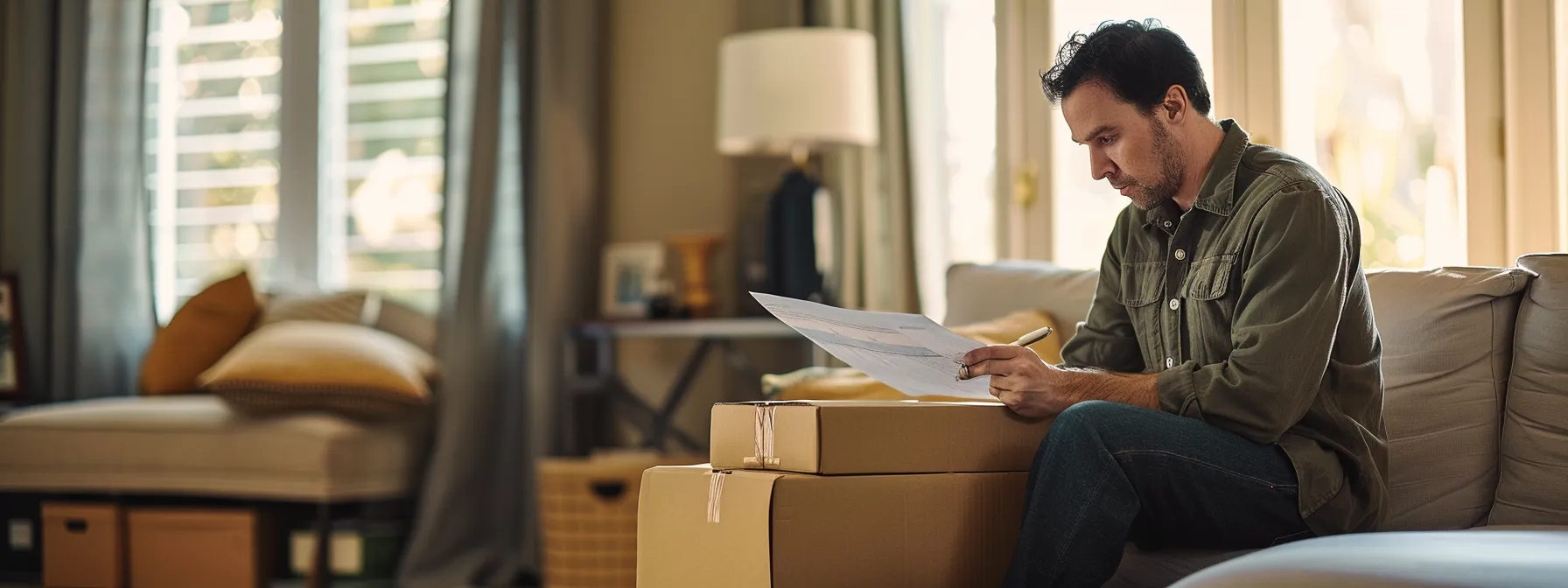 a moving company representative carefully examines a detailed inventory list in a well-lit living room, jotting down notes and measurements.