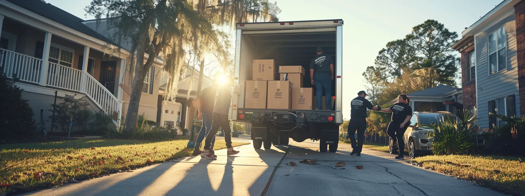 a group of professional movers carefully loading boxes onto a moving truck in front of a sunny jacksonville home, ensuring a smooth and efficient relocation process.