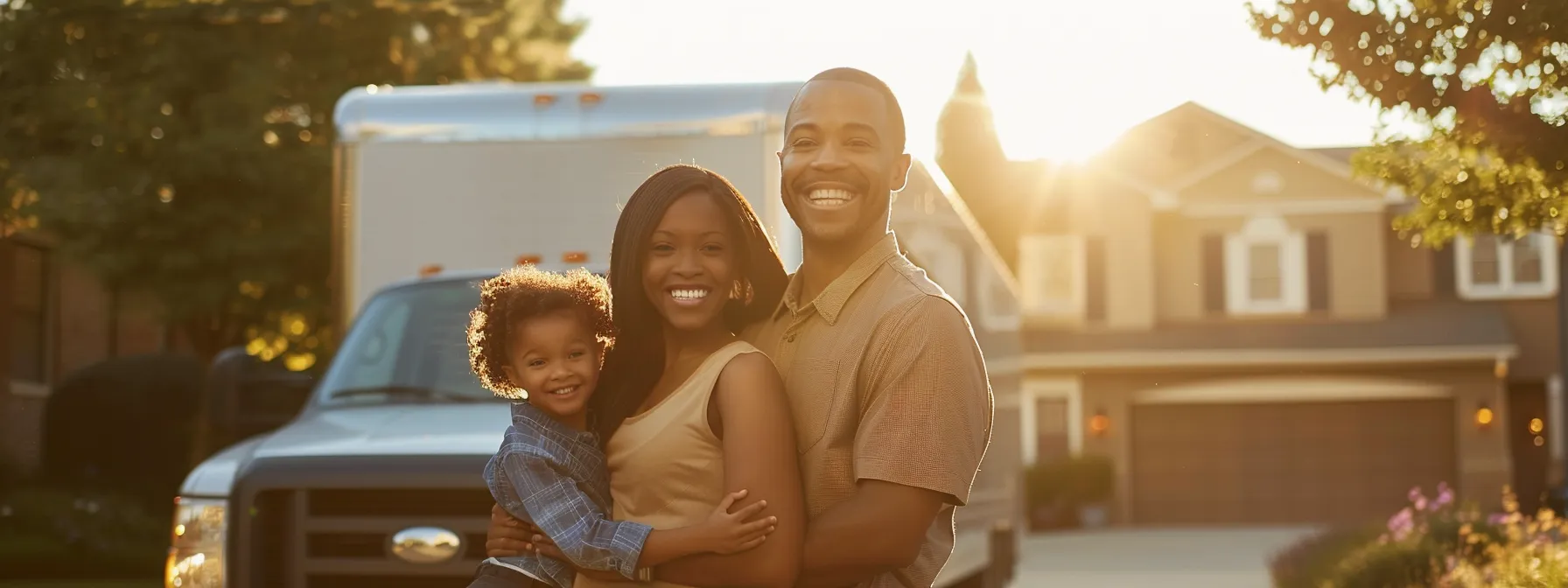 a family smiling in front of a moving truck parked in a sunny, suburban driveway, showcasing skinner moving & storage's legacy of trust since 1996.