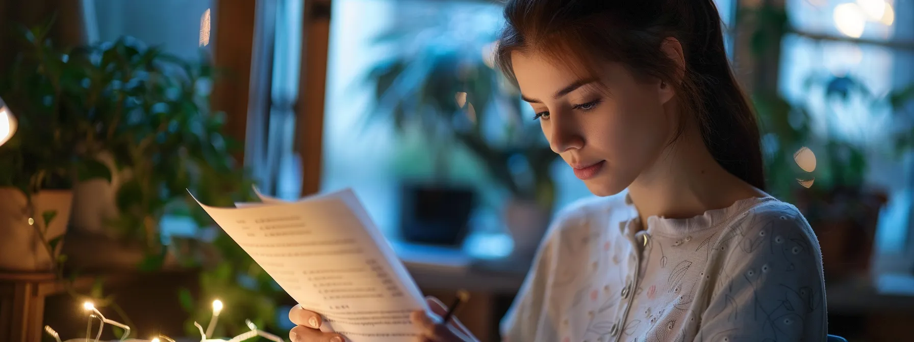 a person reading through a stack of customer reviews and reference letters with a focused expression.