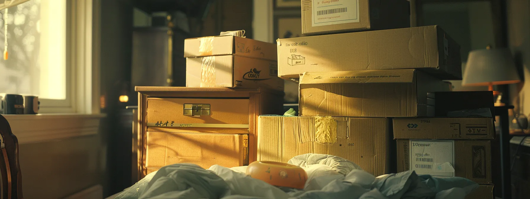 a sturdy stack of reinforced cardboard boxes, neatly packed with cushioning materials, tape, and labels, ready for a safe and secure move.