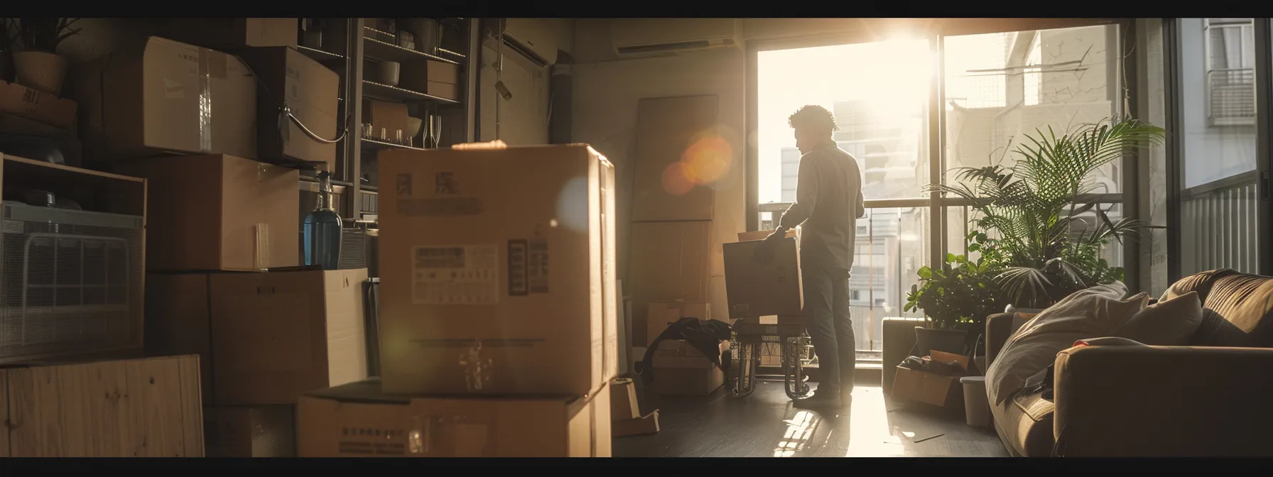 a professional mover carefully packing boxes in a spacious room filled with moving supplies.