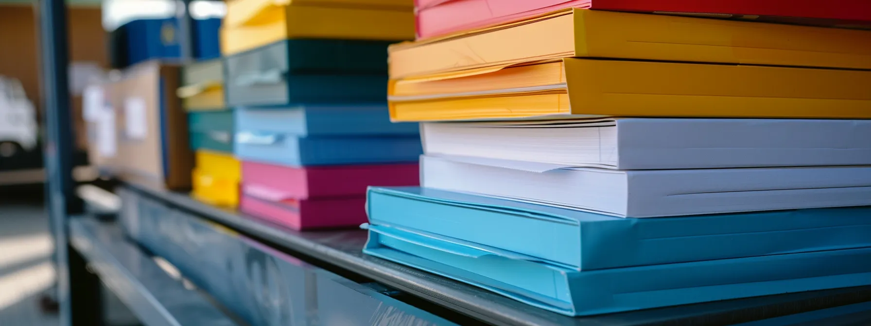 a stack of colorful moving company brochures arranged neatly on a table, showcasing various transport options and service details.