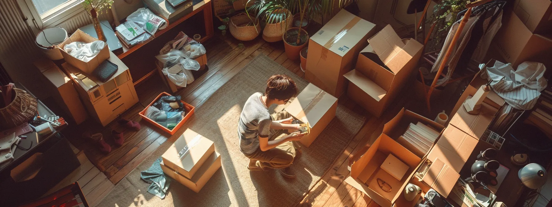 a person carefully assessing items of different sizes and fragility, surrounded by moving boxes and packing materials.