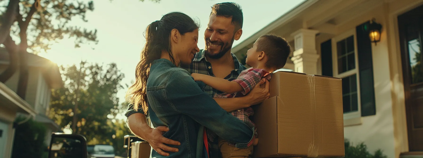 a family standing in front of a moving truck filled with boxes, smiling and looking relieved as they prepare for their smooth relocation with the best moving company in jacksonville.