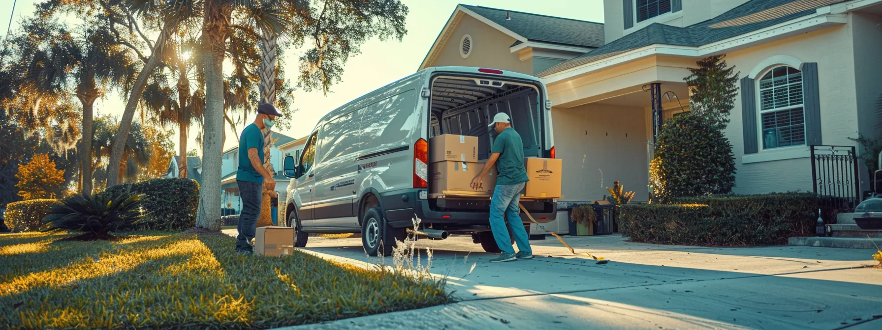 a professional moving team carefully loading boxes onto their branded truck in a residential driveway in jacksonville, fl.