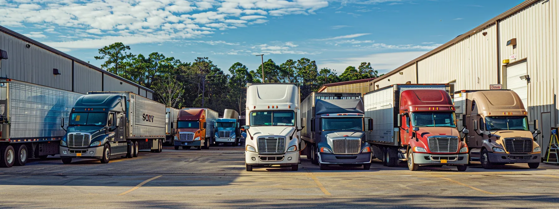 a busy scene at a moving company warehouse, with well-maintained trucks ready for immediate relocations in jacksonville, fl.