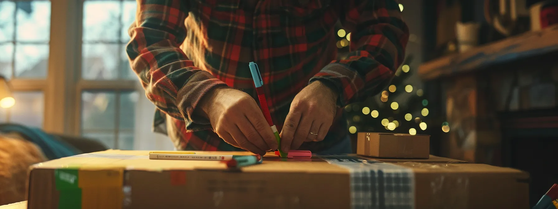 a person carefully packing and labeling boxes with colorful markers for a long distance move.