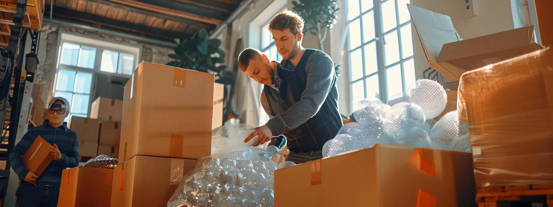 a professional packing team meticulously wraps delicate items in bubble wrap and places them in sturdy moving boxes for a stress-free transition.