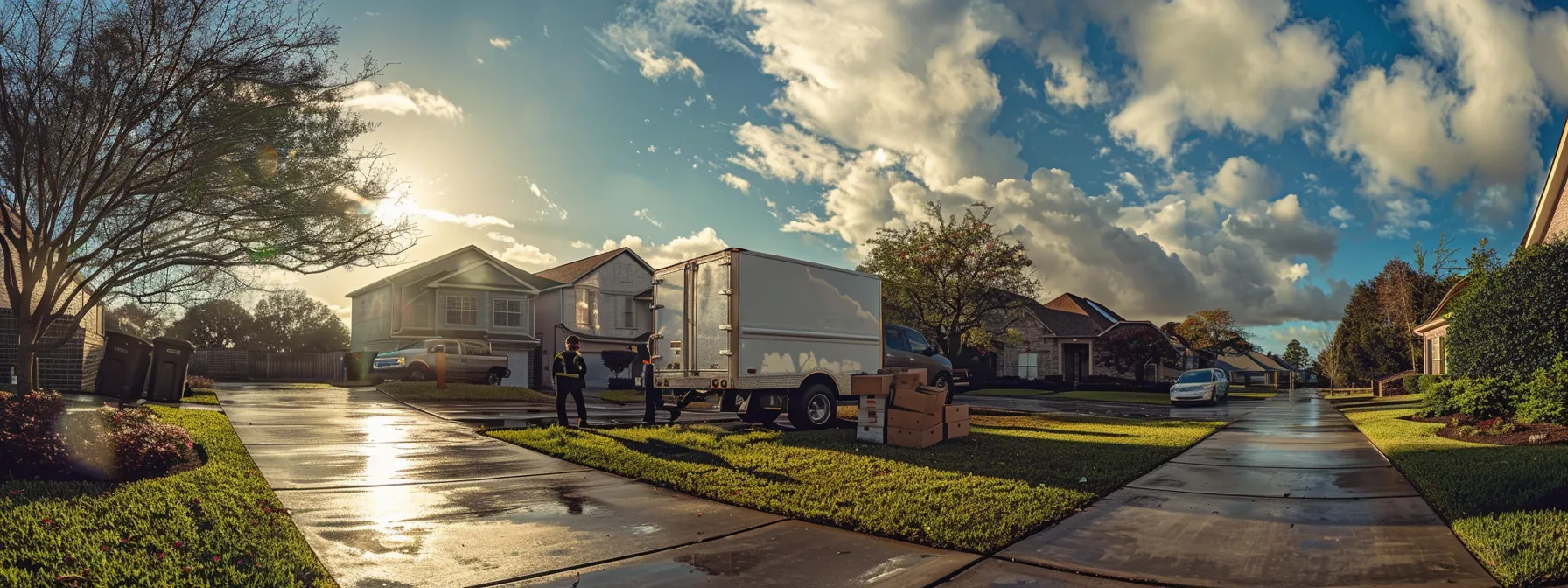 a moving truck parked outside a home, with movers efficiently loading boxes under a sunny sky in jacksonville.