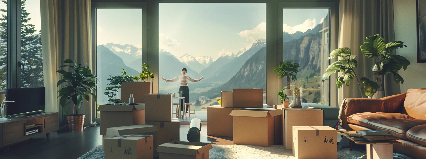 a person carefully unpacking boxes in a spacious, bright living room with a scenic view of mountains in the distance.