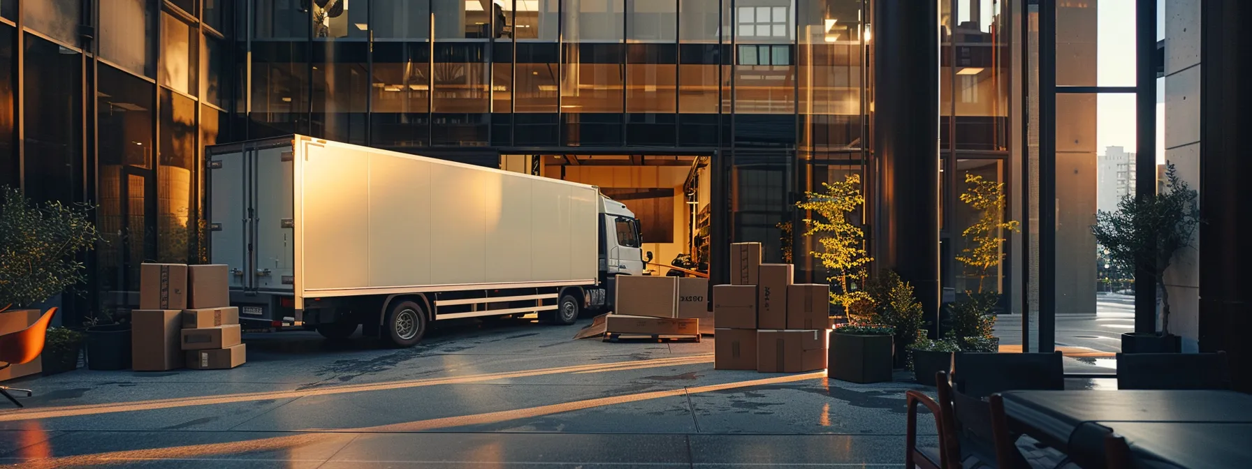 a sleek office space being efficiently packed and loaded onto a moving truck by a professional team, showcasing expert coordination and specialized equipment in action.