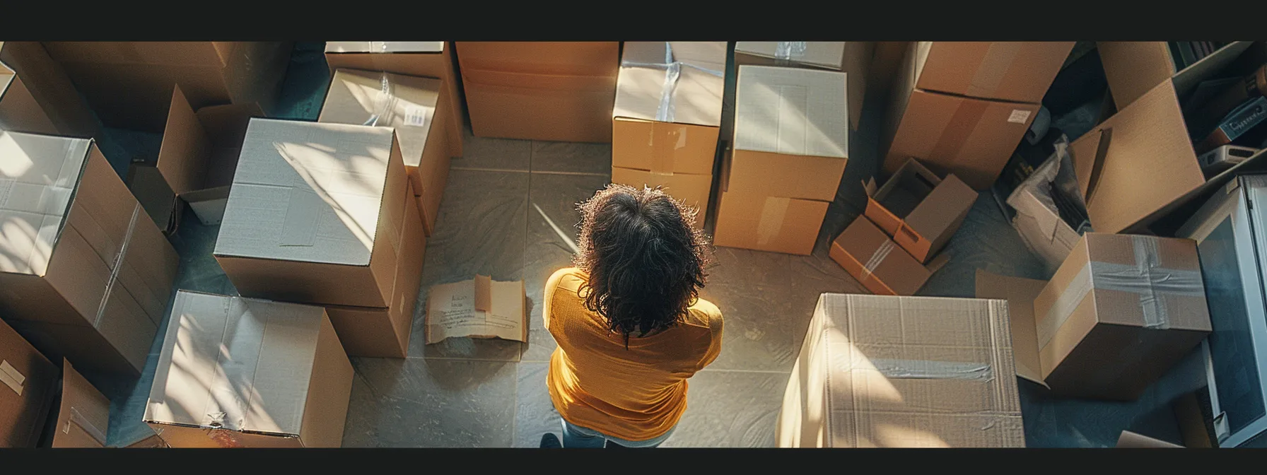 a person surrounded by moving boxes, carefully inspecting the volume and type of belongings to transport while considering budget and additional services.