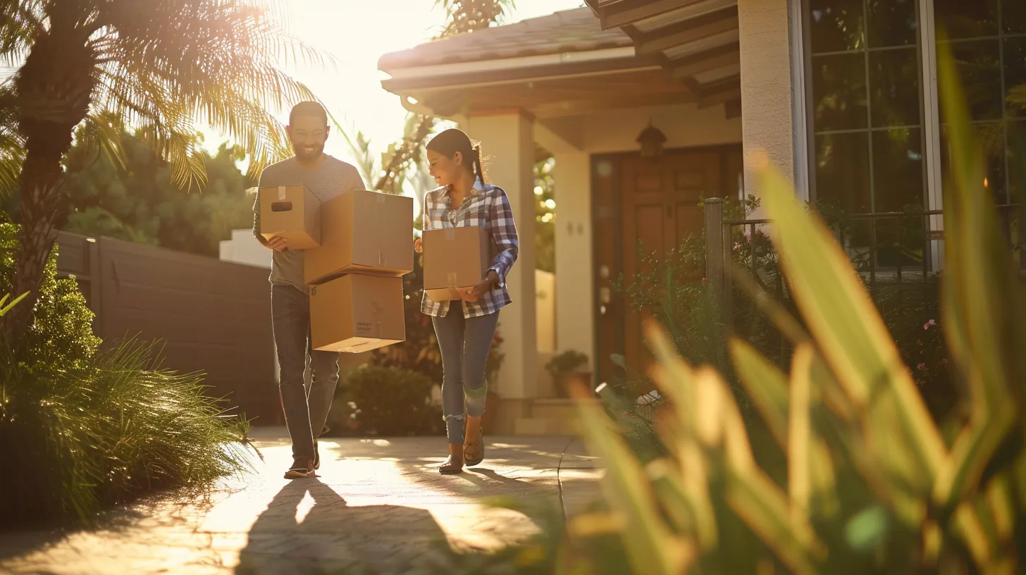 a cheerful family carries neatly packed boxes out of a vibrant florida home, surrounded by lush greenery and bright sunlight, embodying the joy and organization of a smooth moving transition.