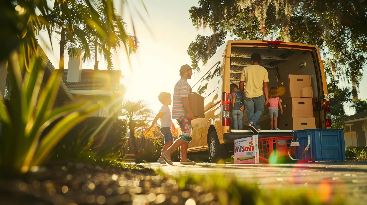 a cheerful family expertly packing their belongings into a colorful moving truck outside their sunlit florida home, showcasing a vibrant atmosphere of transition and excitement.