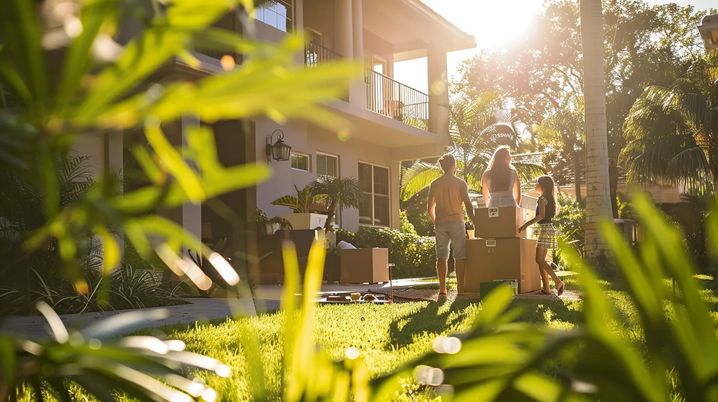 a cheerful family gathers boxes in a sunlit florida backyard, surrounded by vibrant greenery, as smiling movers prepare to load their belongings for a smooth transition to their new condo.