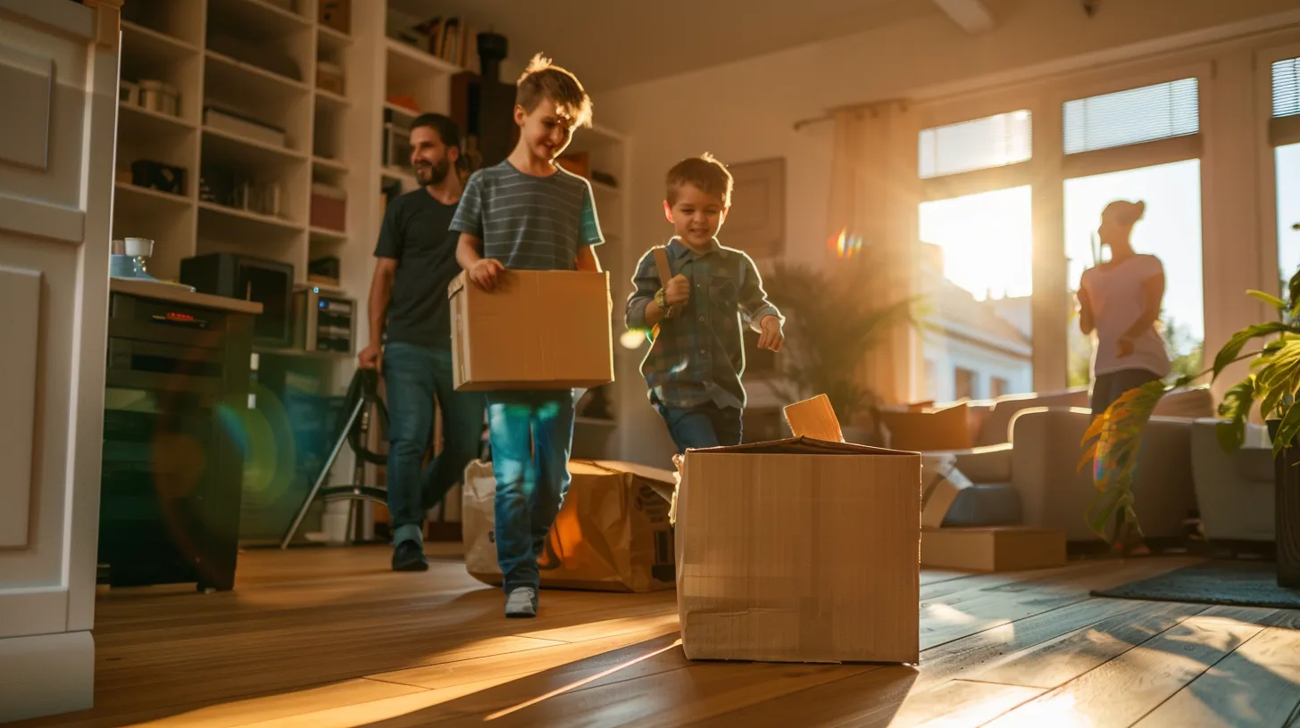 a cheerful family is joyfully packing their belongings with the help of friendly local movers, surrounded by bright florida sunshine illuminating their home as they prepare for a seamless transition to their new condo.