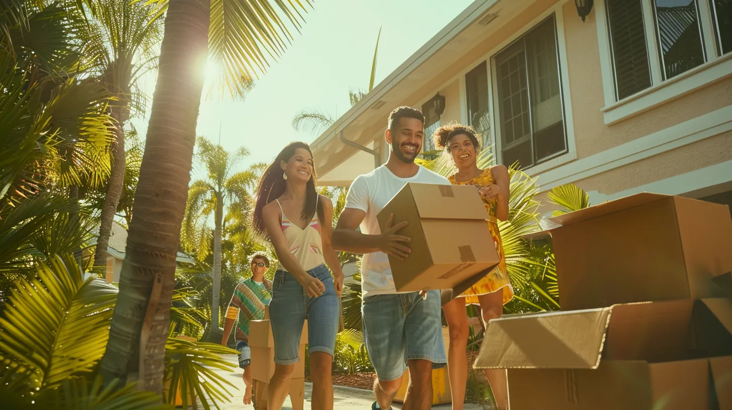 a cheerful family joyfully directing local movers as they skillfully carry colorful boxes from a charming florida house to a sunny condo, capturing the essence of community and support in the moving experience.