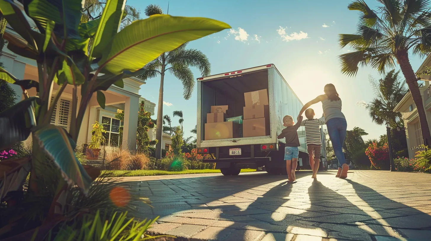 a cheerful family joyfully loading their belongings into a moving truck outside their sunny florida home, with vibrant greenery in the background and a clear blue sky above, capturing the essence of a stress-free moving experience.