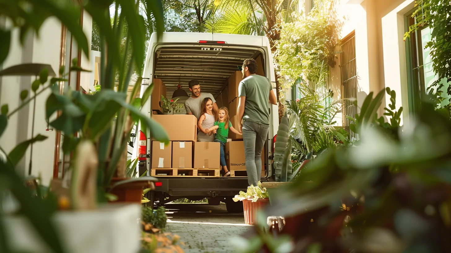 a cheerful family joyfully loads their rental truck under the warm florida sun, surrounded by packed boxes and vibrant greenery, symbolizing the excitement of a diy move to their new condo.