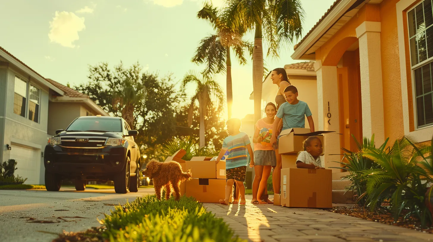 a cheerful family joyfully navigating a vibrant florida neighborhood, surrounded by moving boxes, as playful children and curious pets explore their new condo while creating a warm and lively atmosphere of transition.