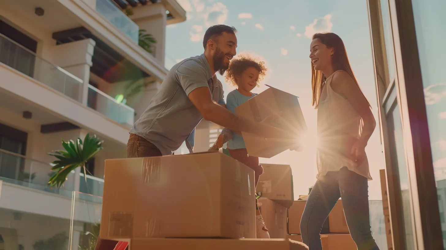 a cheerful family joyfully oversees professional movers expertly loading their belongings into a bright, sunny florida condo, showcasing a seamless and efficient same-day local moving experience.