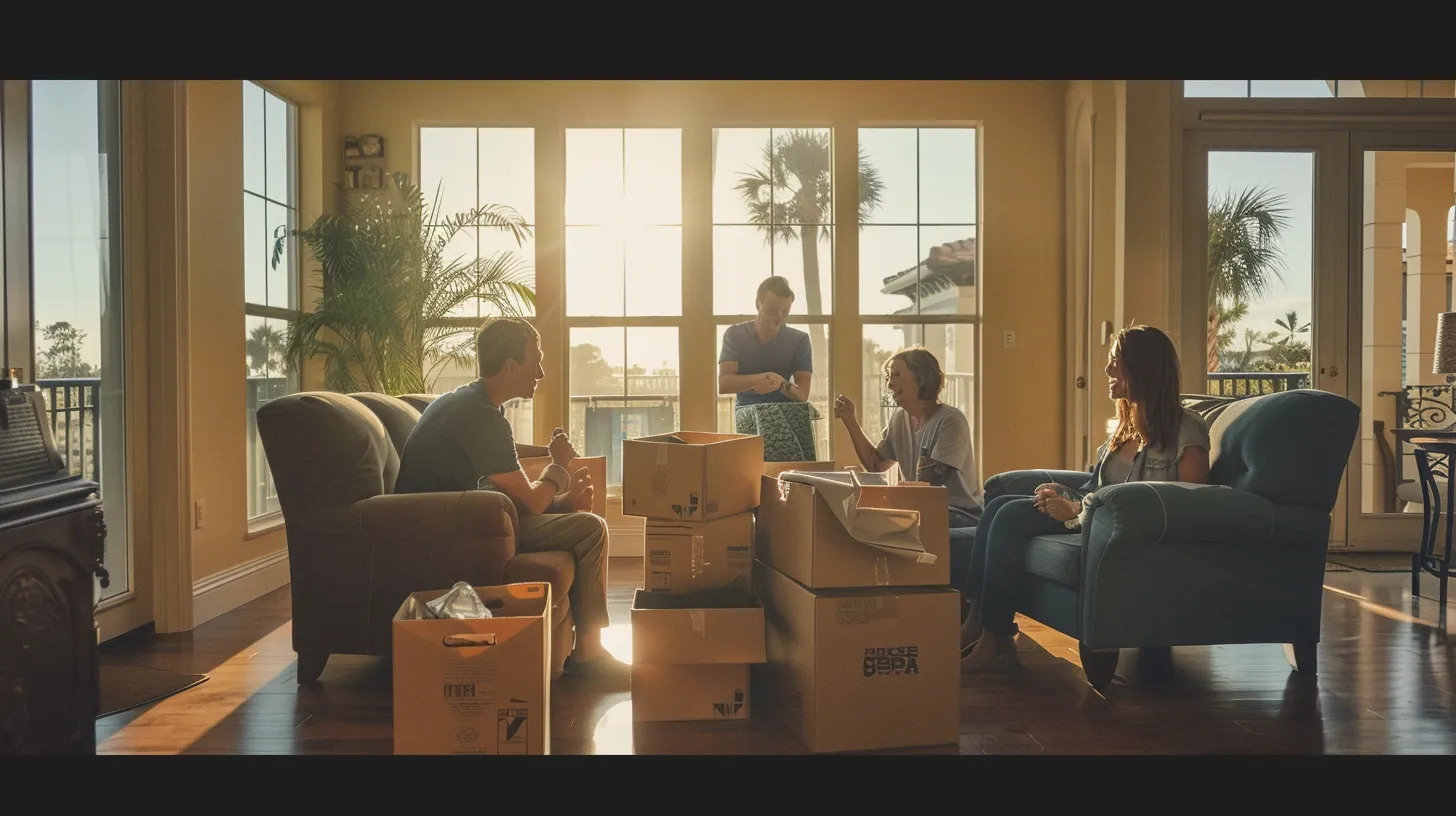 a cheerful family joyfully overseeing their smooth transition from a sunlit florida house to a modern condo, surrounded by friendly movers and clearly organized moving boxes.