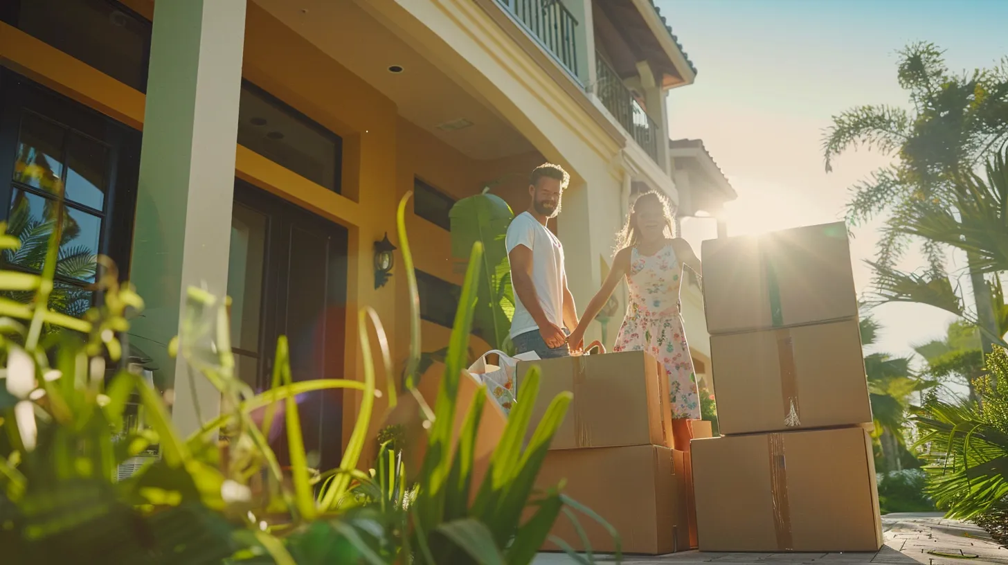 a cheerful family joyfully packing their belongings under the warm florida sunshine, surrounded by lush greenery and the vibrant colors of their new condo, embodying the essence of a stress-free local move.