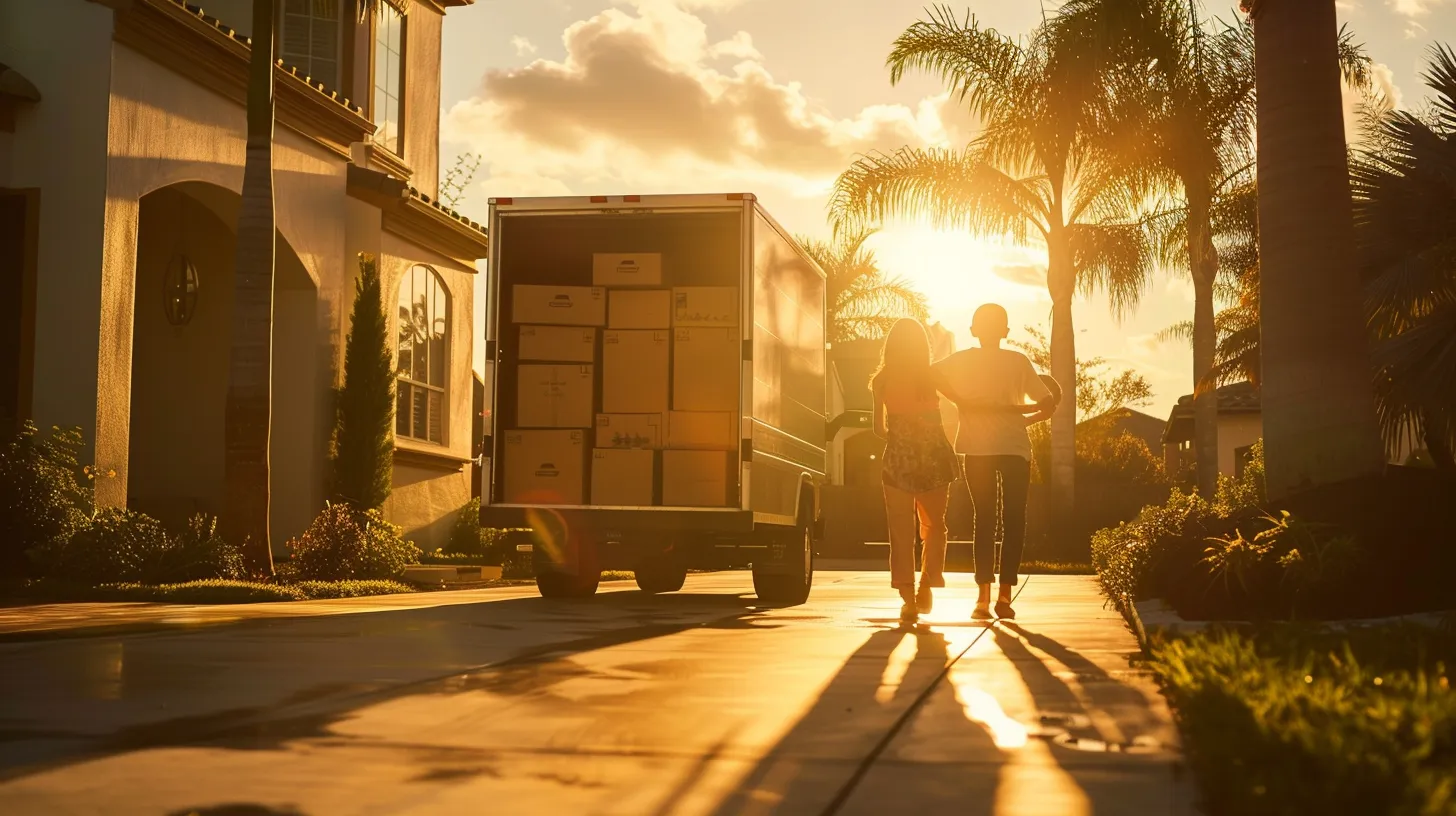 a cheerful family joyfully packing their belongings into a moving truck outside their vibrant florida home, surrounded by palm trees and the warm glow of sunset, symbolizing a new beginning.