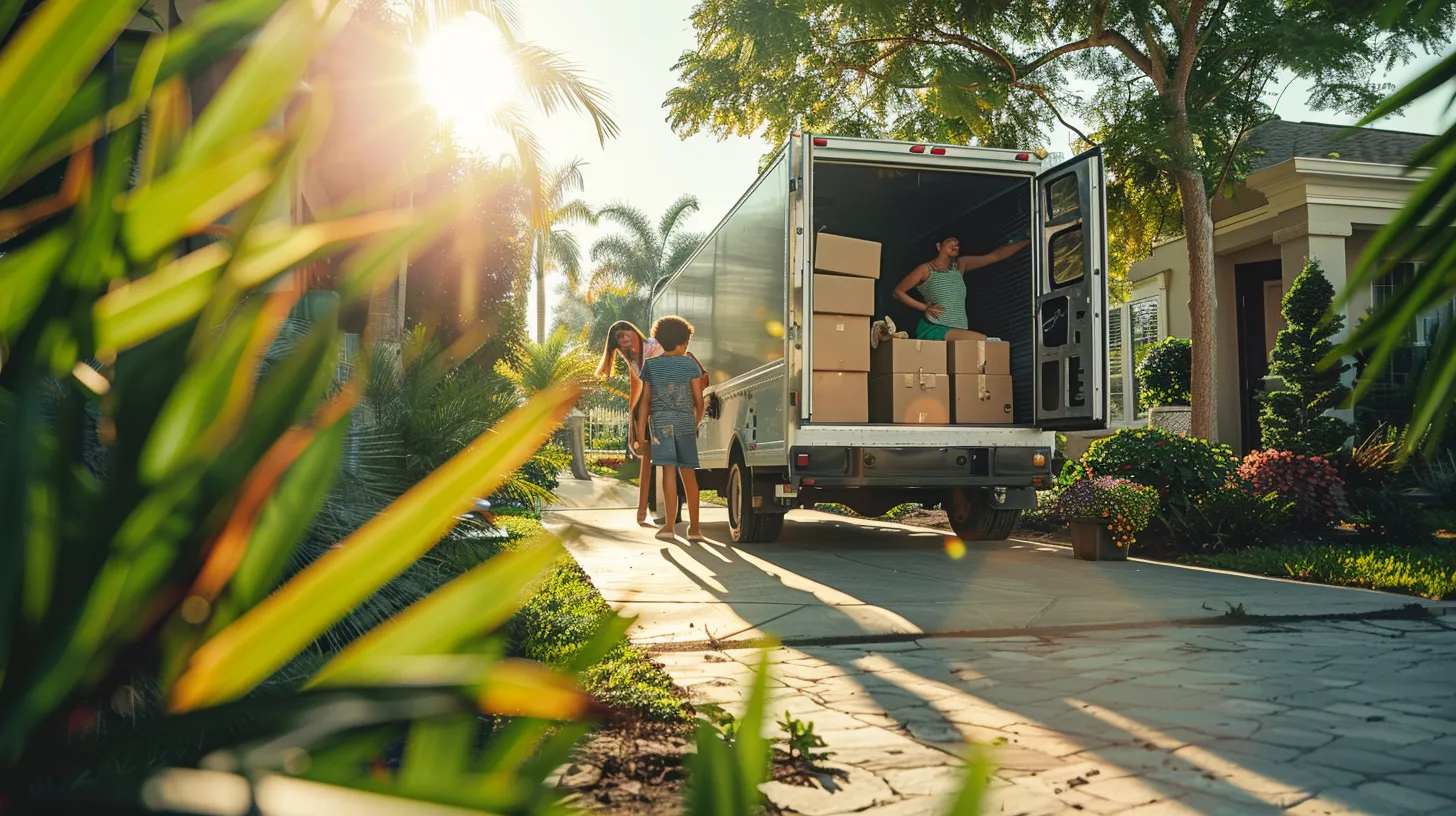 a cheerful family joyfully packing their belongings into a rental truck outside their florida home, surrounded by lush greenery and bright sunlight, symbolizing the excitement of their local move to a new condo.