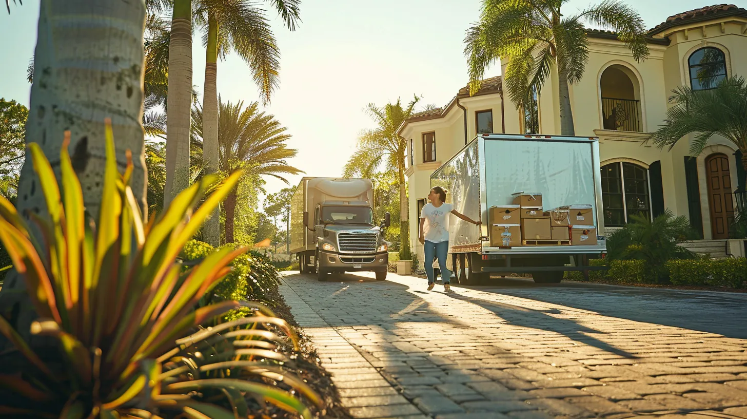 a cheerful family joyfully packing their belongings into a moving truck outside their sunny florida home, surrounded by palm trees, with a clear blue sky above, capturing the excitement of a new beginning.