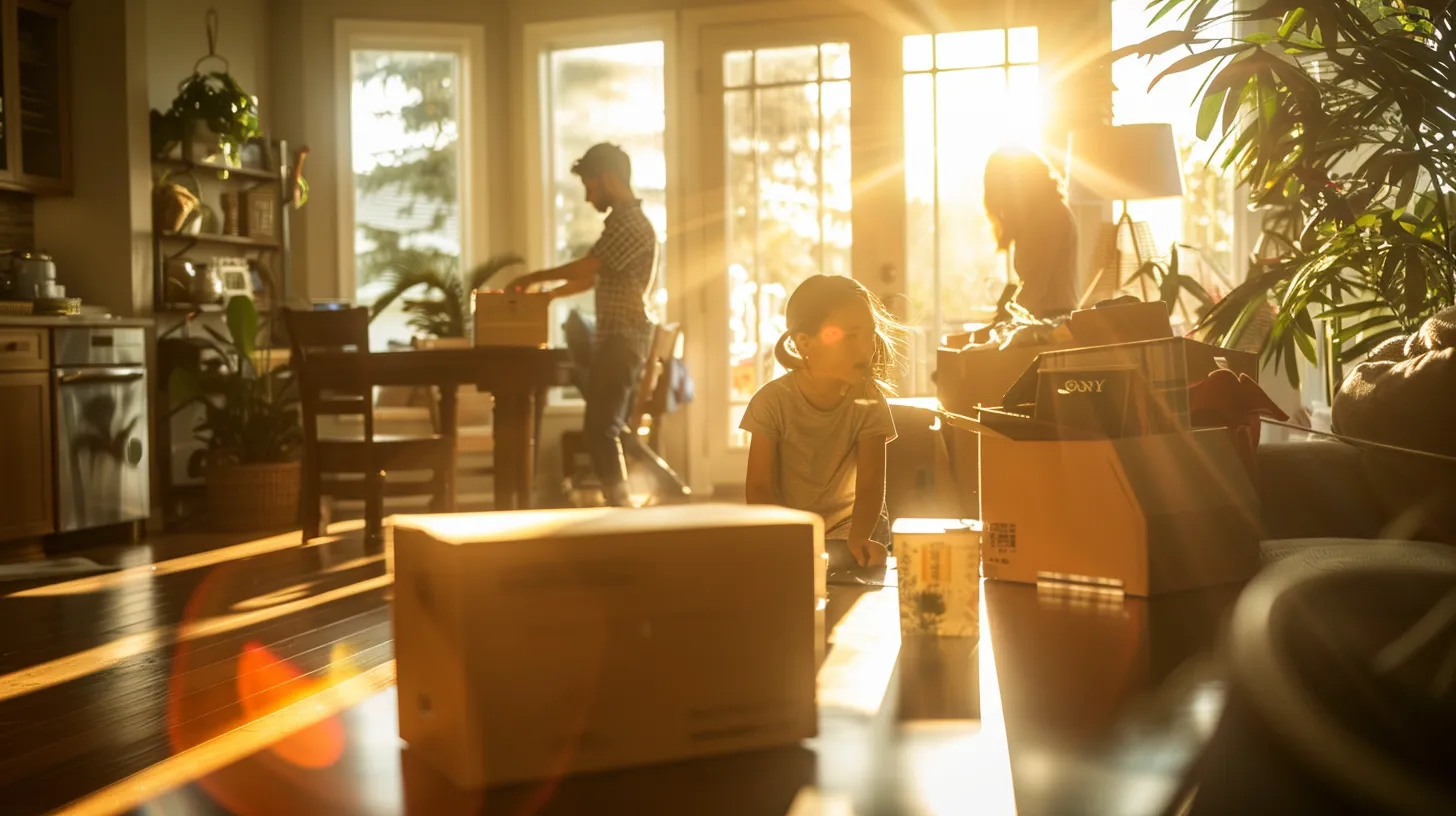 a cheerful family joyfully packs their belongings, surrounded by bright florida sunshine, while friendly movers assist them in the vibrant transition from their house to a cozy condo.