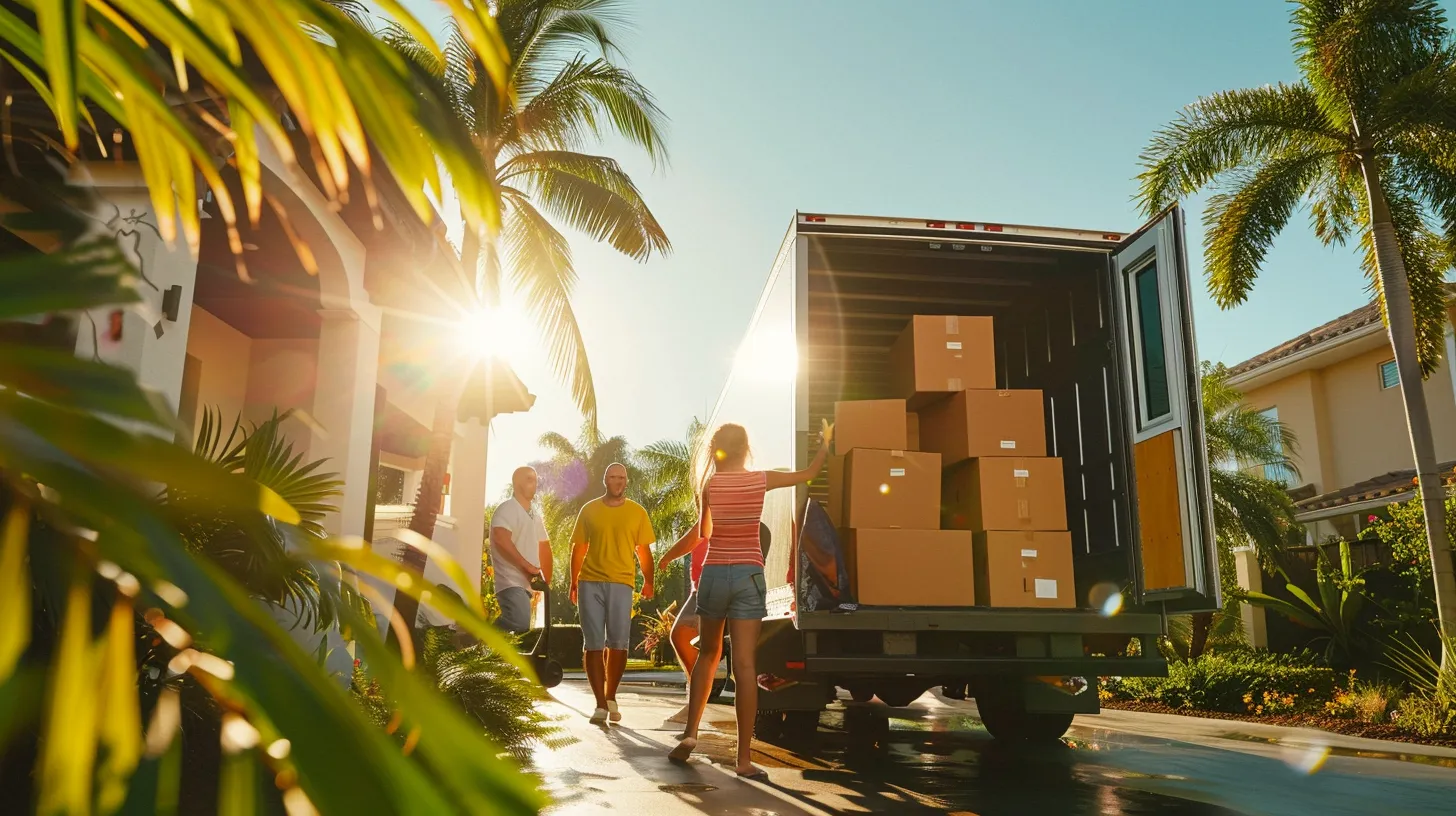 a cheerful family oversees professional movers carefully loading bright, well-organized boxes from their florida home into a truck, set against a sunny backdrop of palm trees and clear blue skies.