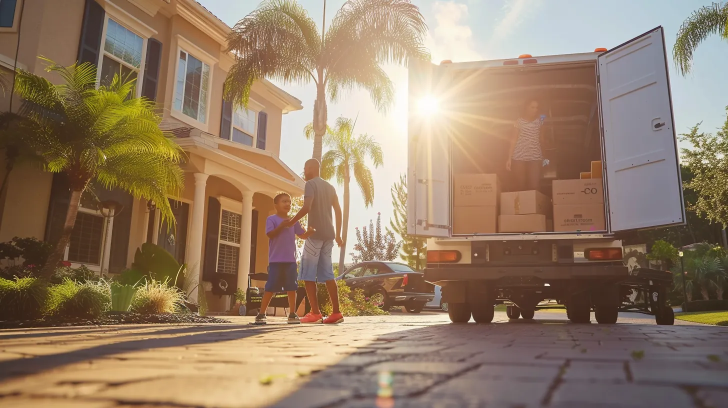 a cheerful family smiles as they oversee professional movers skillfully loading their belongings into a bright moving truck outside their sunlit florida home, capturing the spirit of a fresh start in a vibrant new condo.