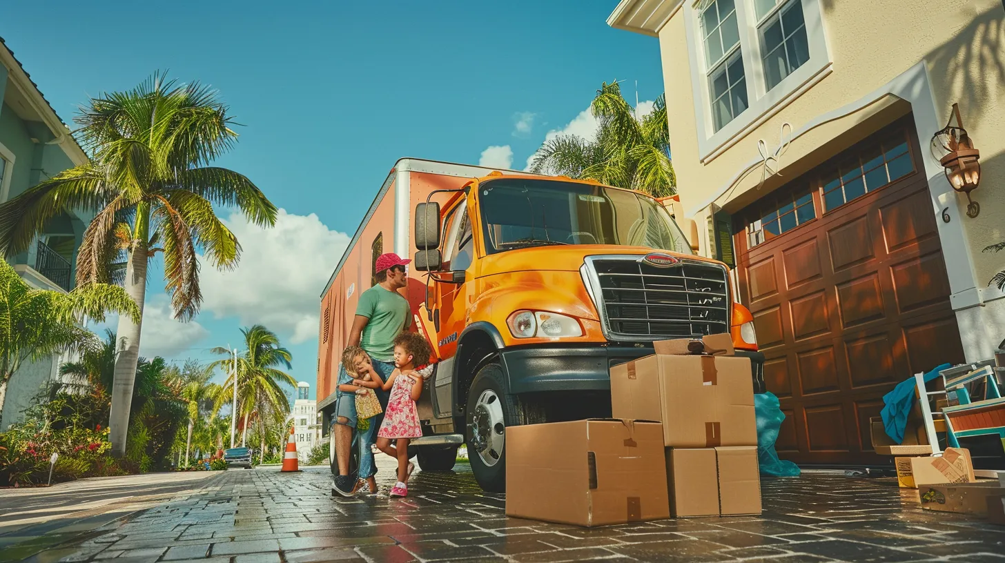 a cheerful family stands beside a brightly colored moving truck in front of their florida home, surrounded by packing boxes and vibrant palm trees, symbolizing a seamless transition to their new condo.