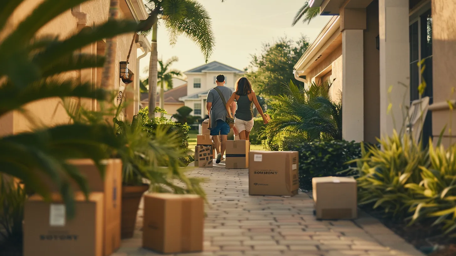 a cheerful family, surrounded by neatly packed boxes and vibrant florida scenery, is enthusiastically moving from a cozy house to a bright condo, capturing the essence of local movers providing a seamless and joyful transition.