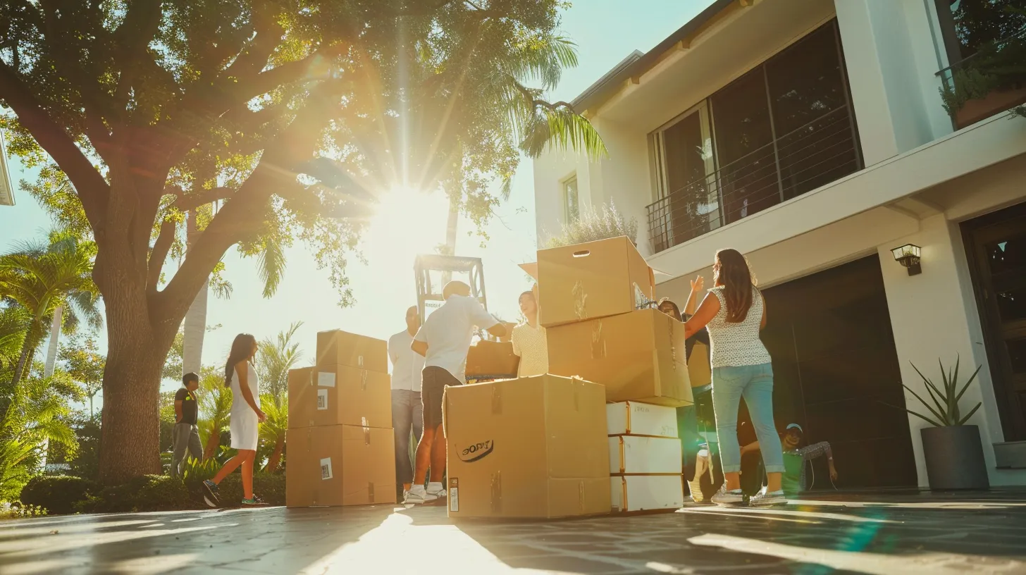 a cheerful family surrounded by friendly movers energetically packing boxes and furniture outside their sunlit florida home, capturing the excitement of their transition to a new condo.