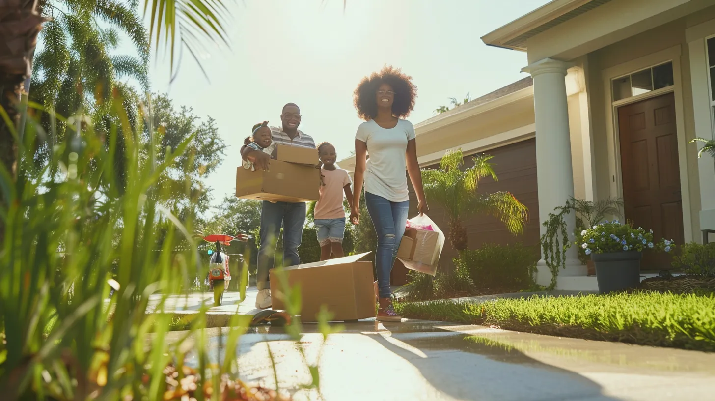 a cheerful family, surrounded by biodegradable packing materials and reusable boxes, joyfully organizes their belongings outside their sunny florida home, embodying the spirit of eco-friendly moving practices.