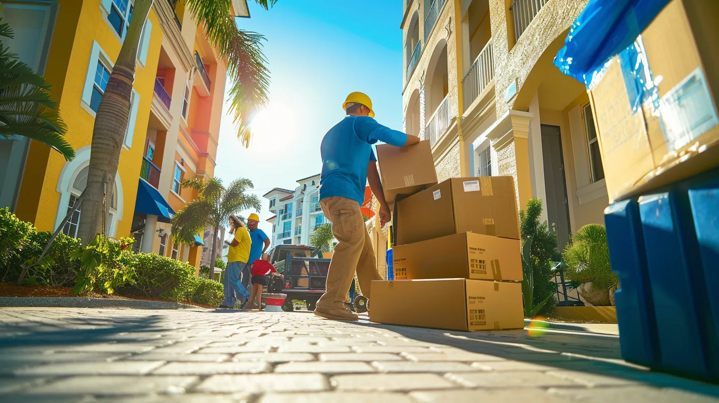 a cheerful moving crew efficiently loads bright, colorful boxes into a sunny condo entrance, capturing the excitement of a seamless same-day local move in florida.