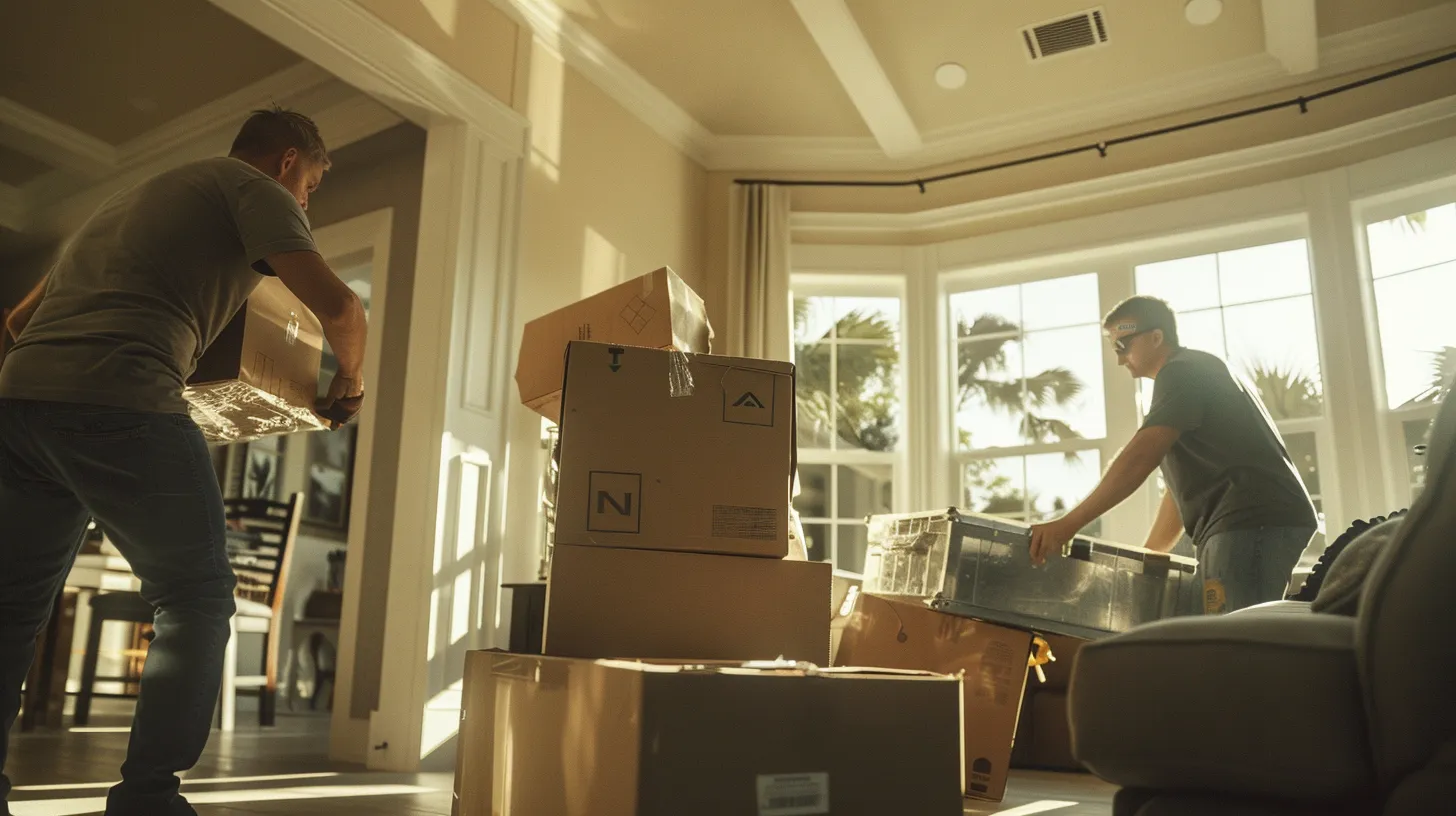 a cheerful team of professional movers efficiently transfers boxes and furniture from a sunny florida house to a modern condo, embodying the essence of a smooth and reliable commercial relocation.