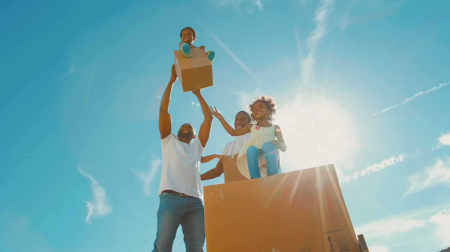 a joyful family celebrates their smooth transition from a sunlit florida house to a bright condo, with professional movers expertly handling their belongings under a clear blue sky.