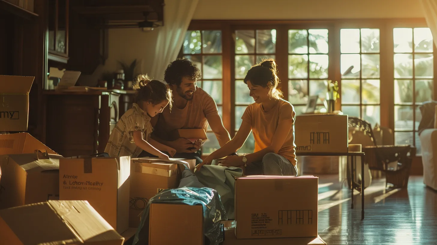 a joyful family collaborates with cheerful movers, surrounded by boxes and a sunny florida backdrop, as they strategize their seamless transition from a spacious house to a cozy condo.