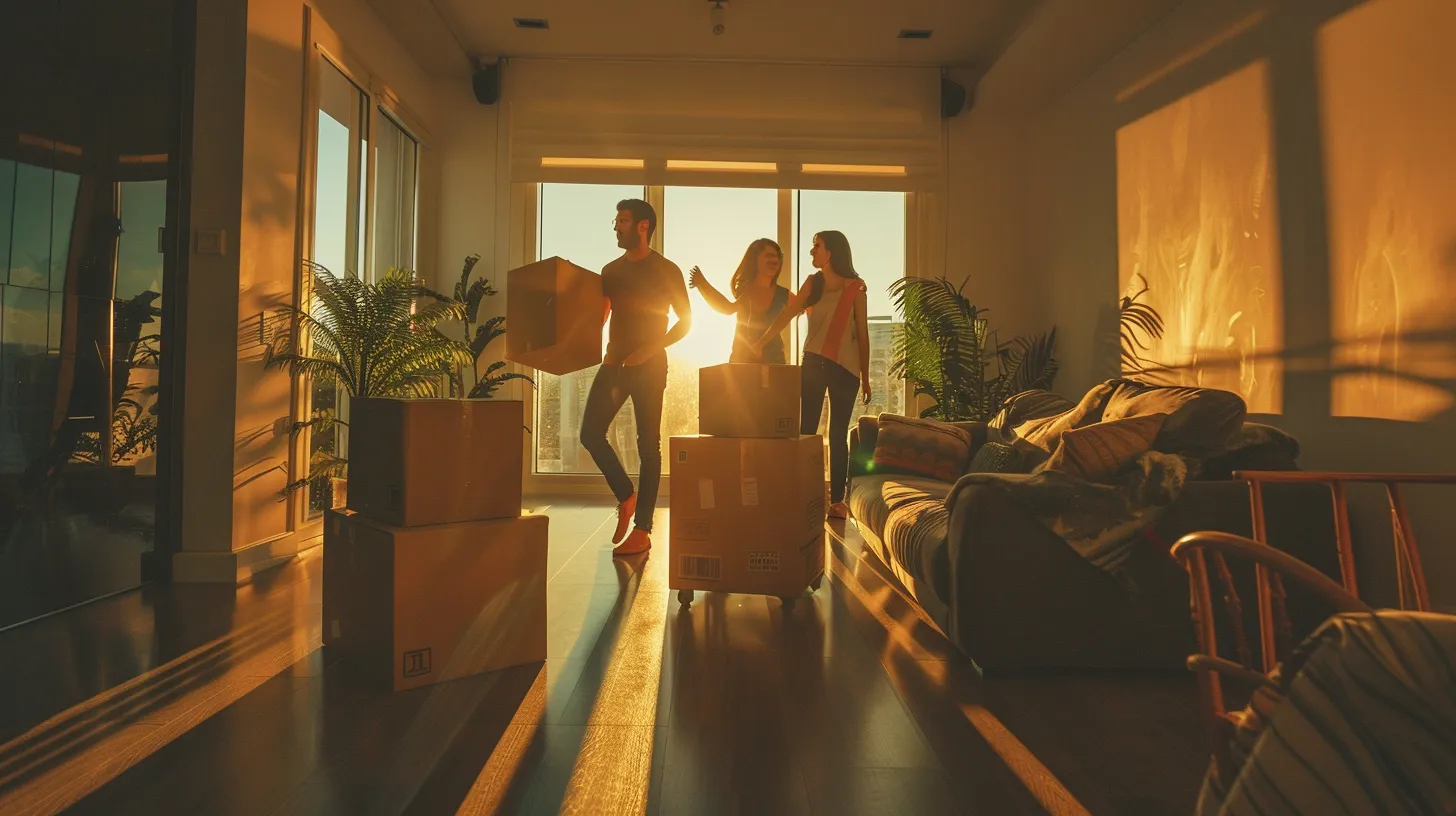 a joyful family eagerly oversees the smooth transition from their cozy florida house to a bright condo, with cheerful local movers expertly handling their belongings under the warm sun.