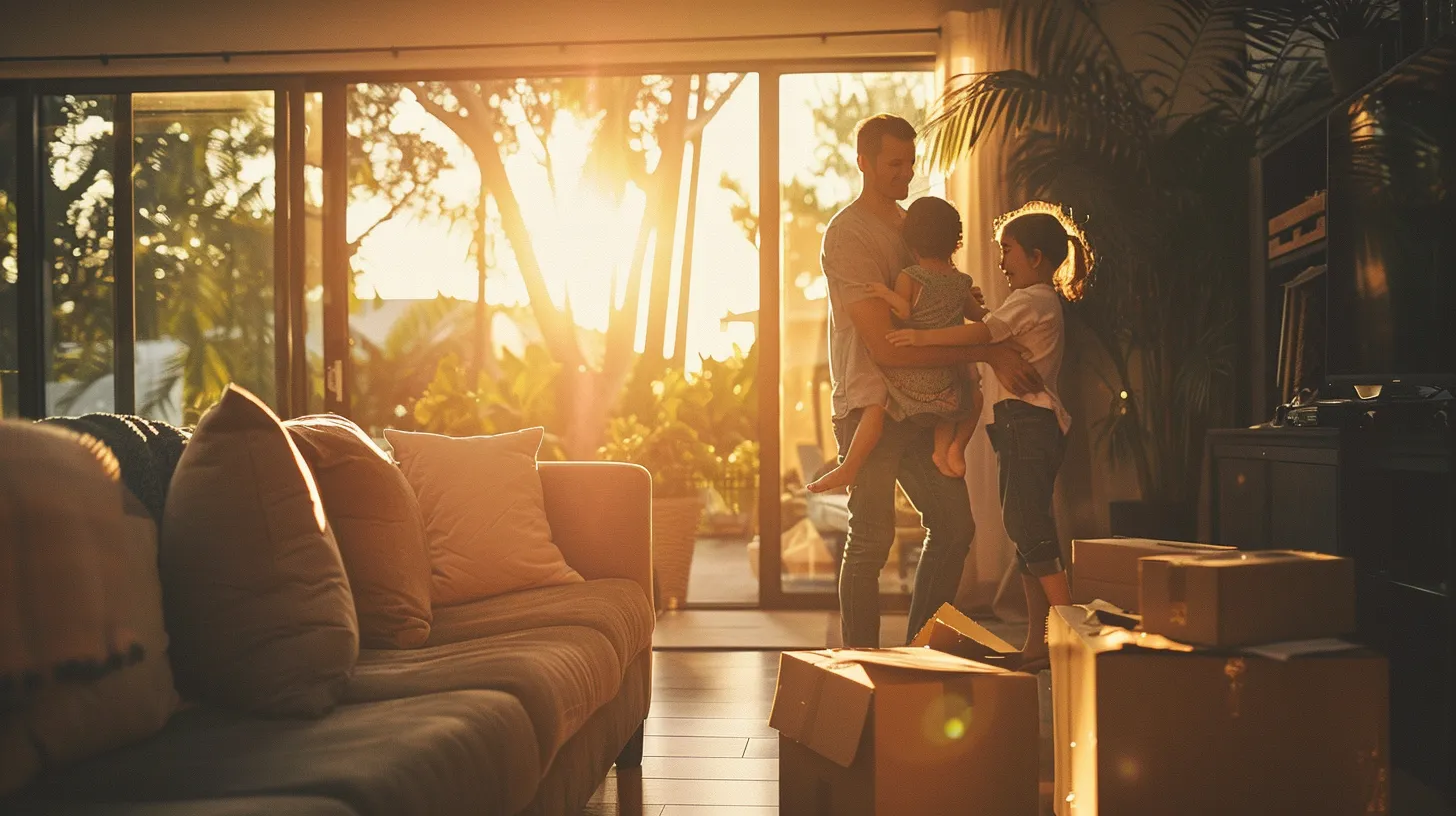 a joyful family effortlessly transitions from a charming house to a modern condo in florida, surrounded by cheerful movers, capturing the essence of convenience and collaboration in the moving process under warm, golden sunlight.