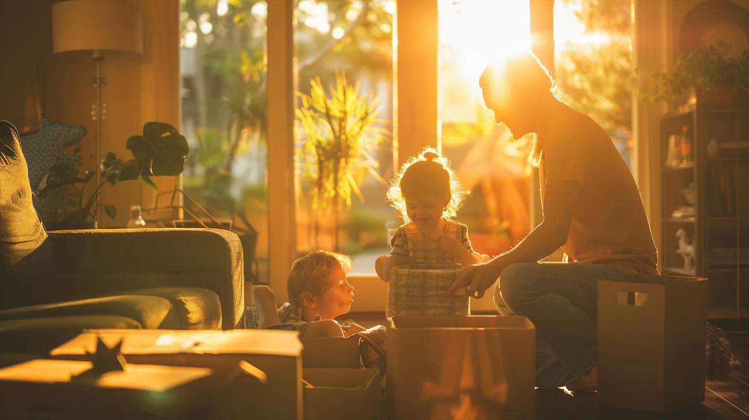 a joyful family enthusiastically sorts through vibrant belongings in their sunlit florida home, surrounded by boxes, as they embrace minimalism before their move to a sleek condo.