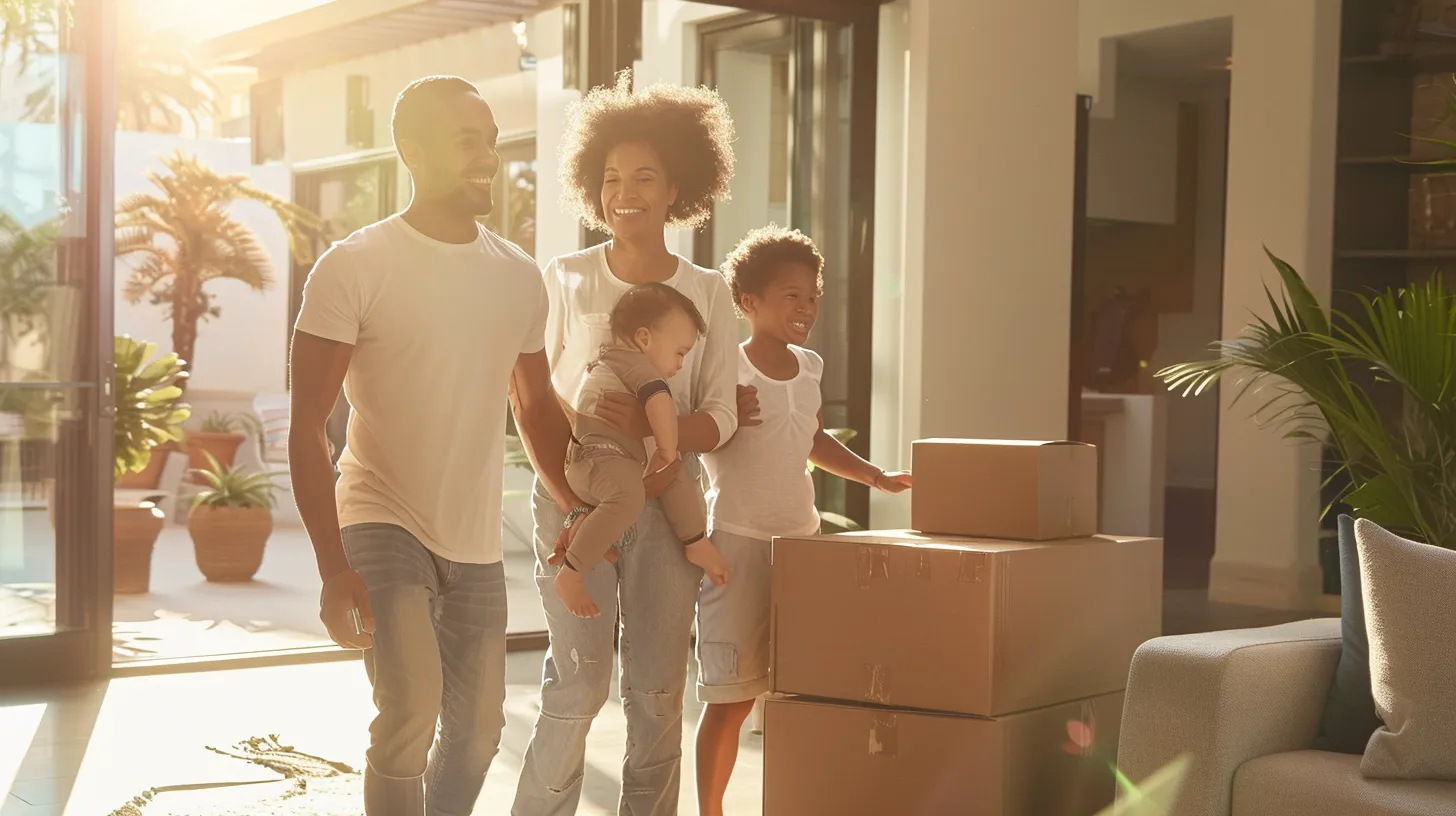 a joyful family interacts with cheerful local movers as they transition from a spacious house to a sunlit condo in florida, capturing the essence of personalized service and community support during their relocation journey.