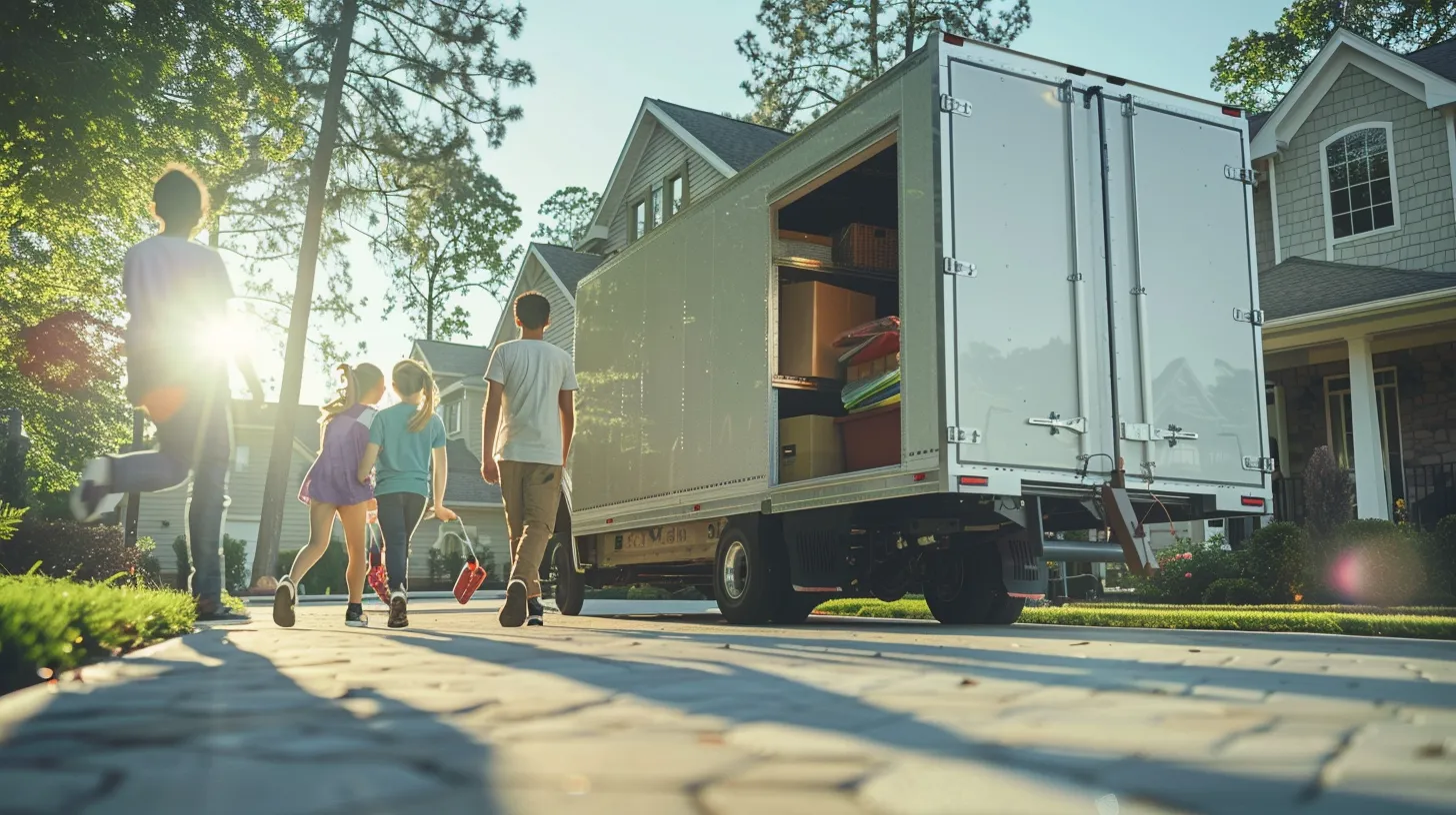 a joyful family is seen loading their belongings into a vibrant moving truck outside their florida home, capturing the excitement and relief of a seamless transition to their new condo.