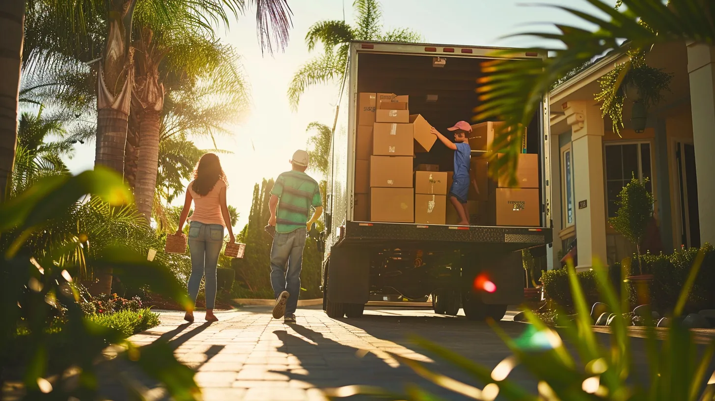 a joyful family is seen cheerfully packing their belongings outside a sunny florida home, surrounded by vibrant greenery, as a friendly team of local movers efficiently loads boxes into a sleek moving truck.