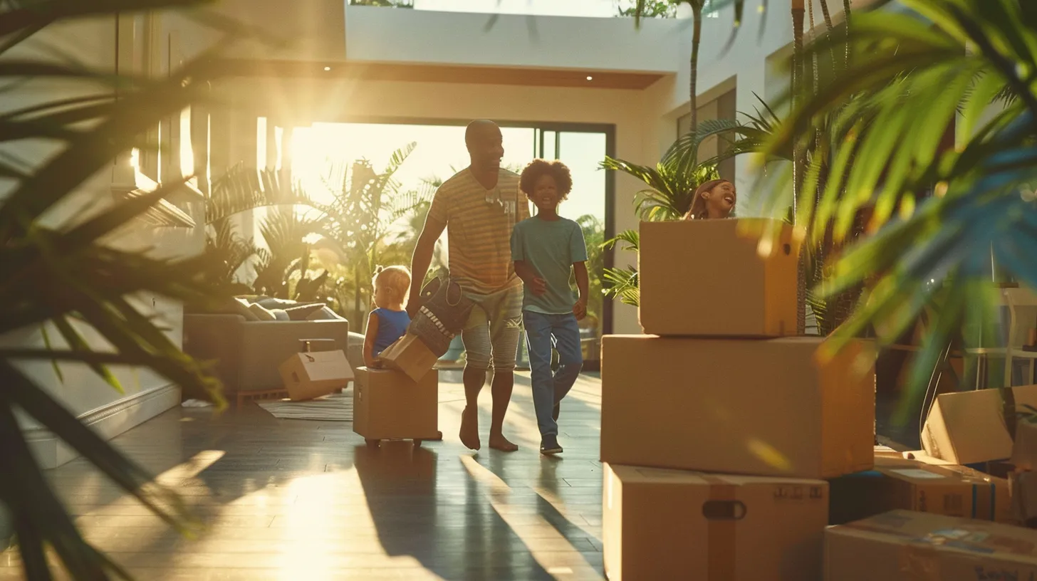 a joyful family is seen surrounded by cheerful movers, as they transition from a sunny florida house to a bright, welcoming condo, with moving boxes and tropical plants capturing the essence of a smooth relocation.